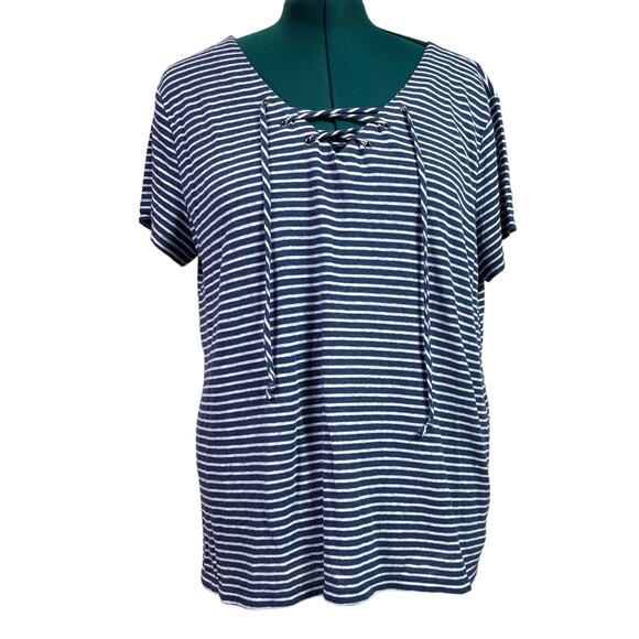 Gap Linen Blend Tee Shirt Lace Up Front Plus XXL Coastal Navy Blue White Stripes - Picture 1 of 12